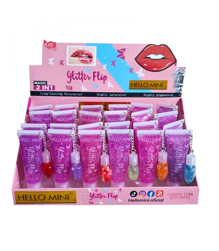 Lip Gloss Con Llavero Glitter Flip Hello Mini