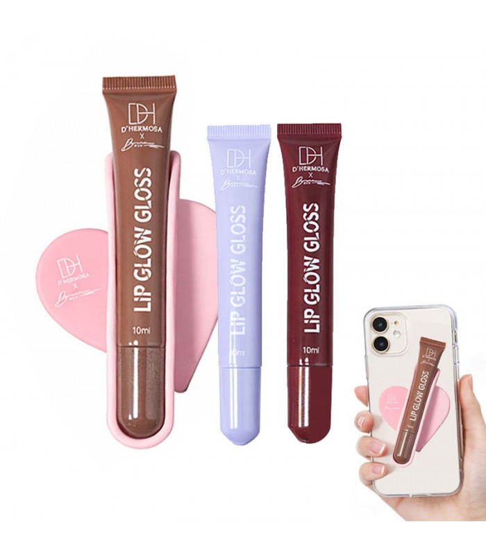 Set 3 Lip Glow Gloss Dhermosa x Bruna Wan | Brillo Hidratante + Porta Gloss Adhesivo